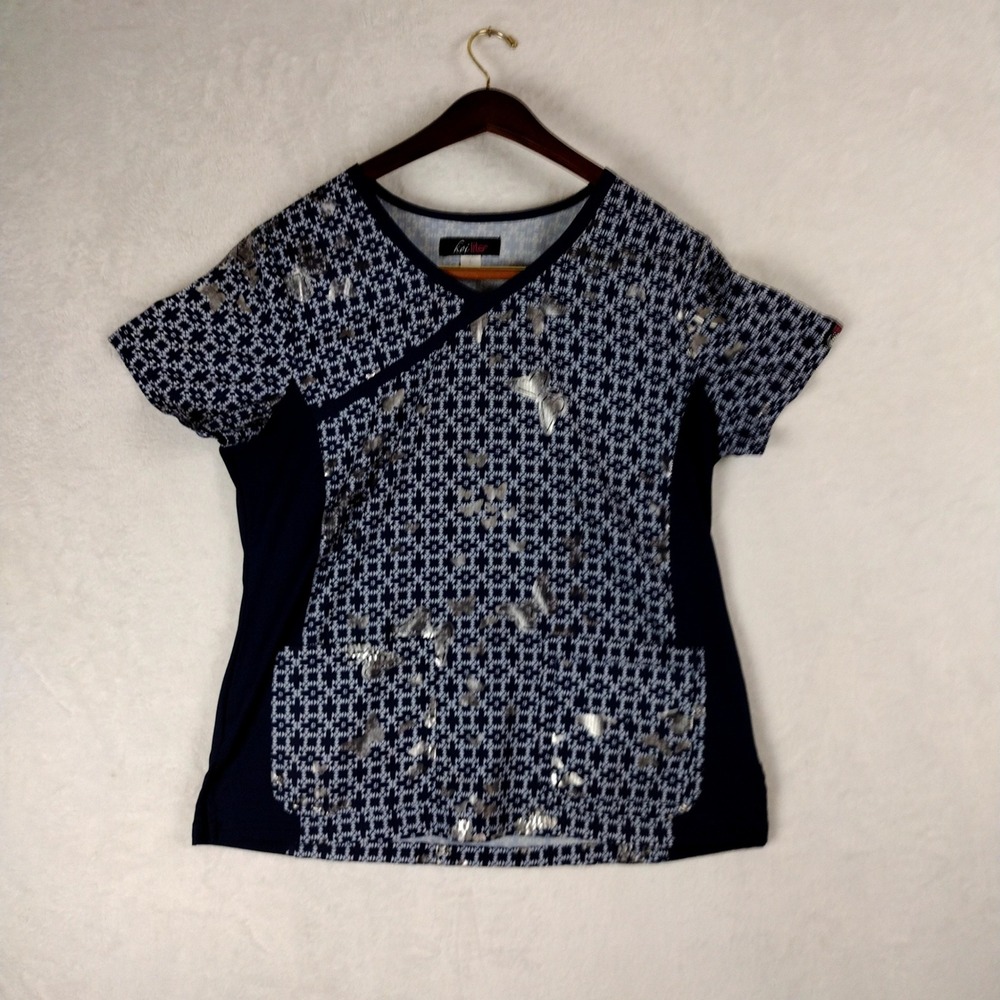 Koi Lite Serenity Scrub Top Navy Silver Butterfly Geometric V-Neck Large 385PR